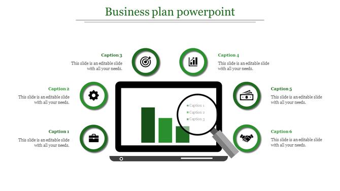Modern business planning diagram with a central laptop showcasing analytics, highlighted with a magnifying glass.
