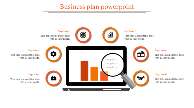 Business plan PowerPoint slide showing a laptop with bar charts and icons for business concepts with captions.
