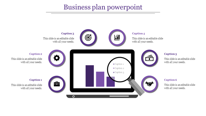 Infographic design with six purple circular icons around a laptop screen showing a bar chart and magnified details.