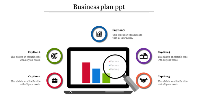 Business plan slide featuring a central laptop with a bar chart, surrounded by five multicolor circular icons and captions.