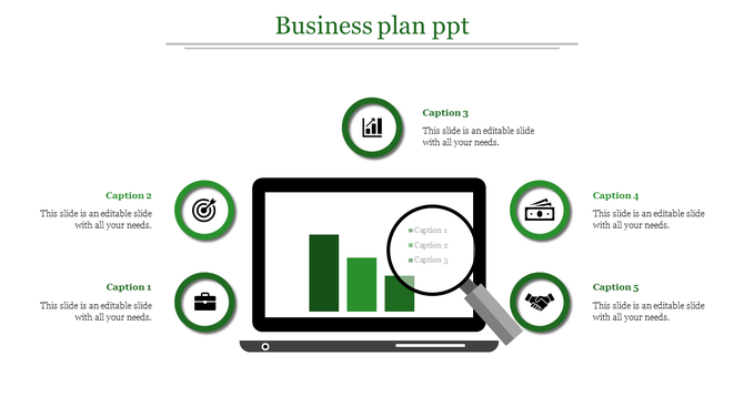 Infographic slide featuring a laptop showing a bar chart, magnifying glass, and five green circular icons with text.