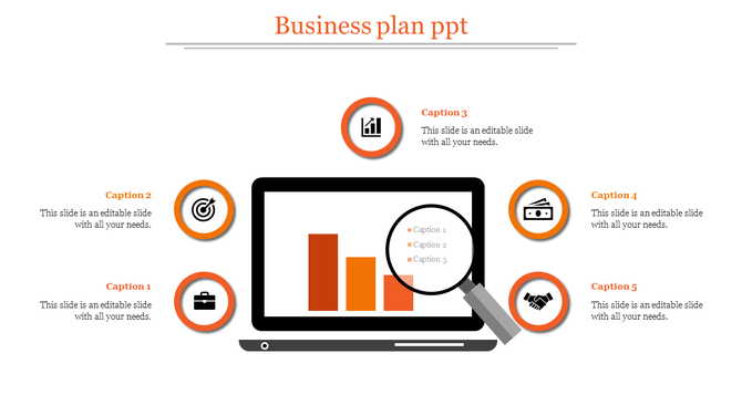 Visual business analysis slide with a laptop showing a bar chart, a magnifying glass, and five icons with orange borders. 