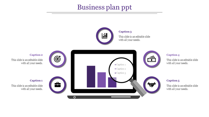 Laptop displaying a purple bar graph, magnifying glass, surrounded by five icons in circular frames with captions.