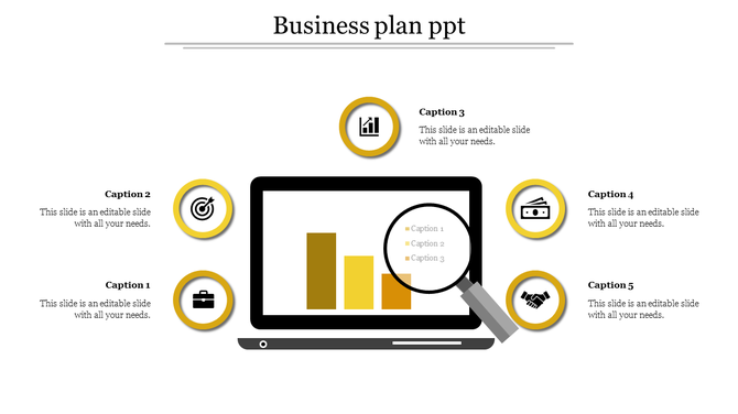 Business plan PPT slide featuring a laptop with a bar graph and icons for analysis, target, resources, and collaboration.