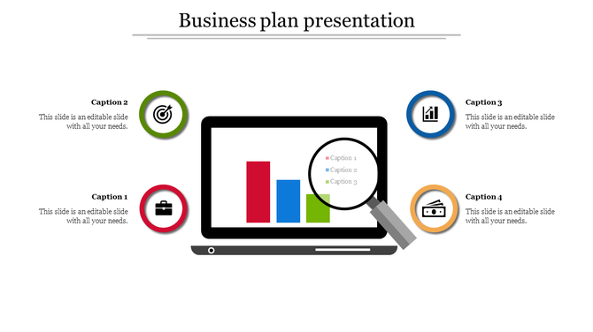 Slide featuring a laptop with red, blue, green bar chart, magnifying glass, and four icons in colored circles.