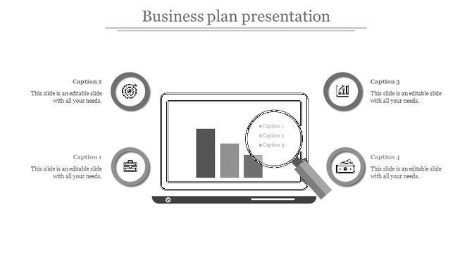 Laptop illustration with magnifying glass, gray bar chart, and four circular icons connected to captions.