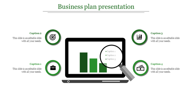 Business analysis slide showing a laptop with a green bar graph, accompanied by four green circular icons with captions.