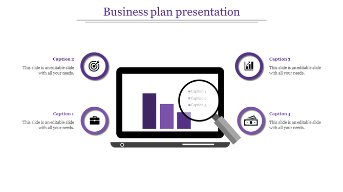 Slide with a laptop showing purple bar graph, and four highlighted icons for business plan representation.