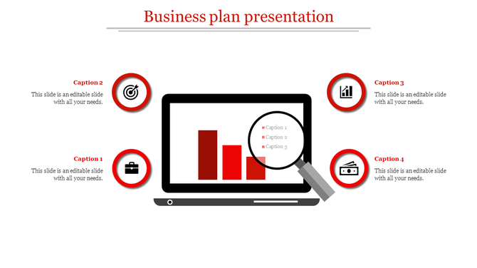 Business strategy with a laptop, a magnified bar graph, and four labeled icons representing different planning aspects.