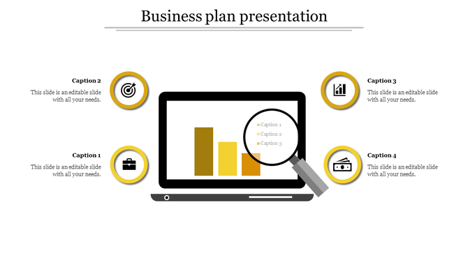 Business plan presentation slide showing a laptop with a magnifying glass on a bar chart, and four captions with icons.