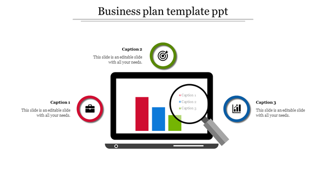 Business planning with a laptop displaying red, blue, and green bars, a magnifying glass, and three labeled icons.