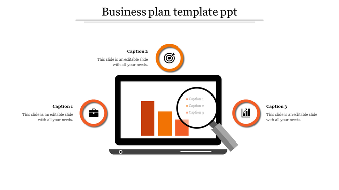 Laptop displaying an orange chart in the center, magnifying glass highlighting data, surrounded by three icons and captions.