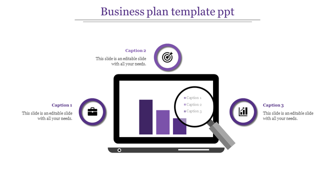 Corporate strategy slide with a laptop displaying a zoomed-in bar chart and three business-related icons in purple.