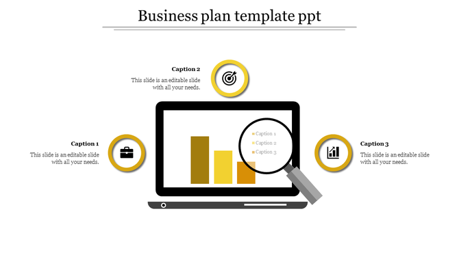 Business plan slide featuring a laptop with bar graphs, three yellow circular icons, and captions on a white background.