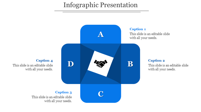 Business handshake-themed infographic with a bold blue cross layout, dividing four labeled sections and caption areas. 