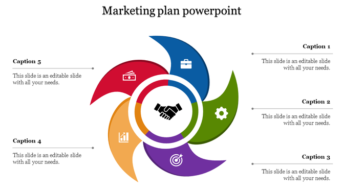 Five-step marketing process infographic with a central handshake icon, surrounded by curved blades in different colors.