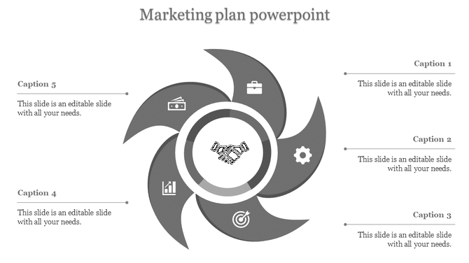Gray marketing plan PPT slide featuring a central handshake icon surrounded by business related icons in a circular flow.