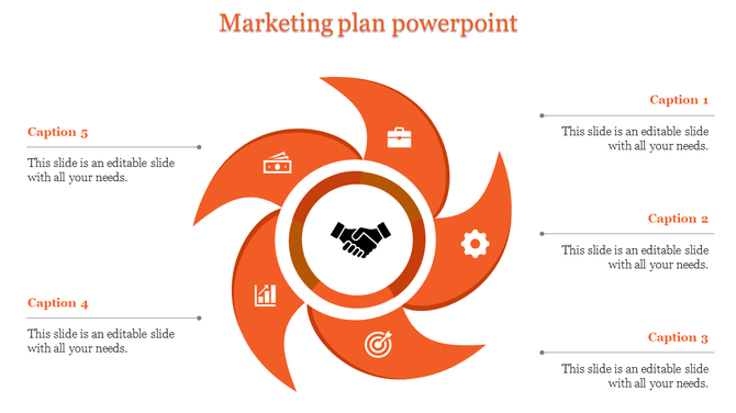 Orange themed marketing plan slide with a central handshake icon and surrounding icons for budgeting, strategy, and goals.
