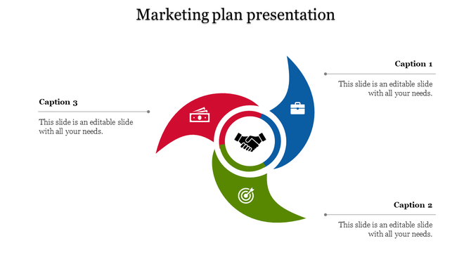 Triangular swirl design featuring three segments in red, blue, and green with icons and a handshake symbol at the center.