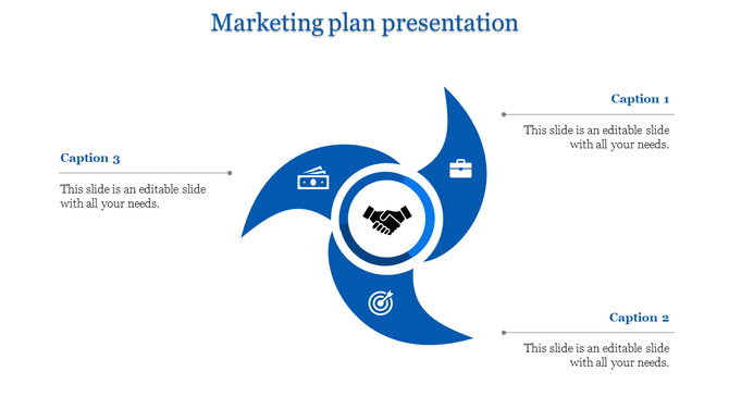 Marketing slide with flowing blue petal design, centered partnership symbol, and three connected text areas.