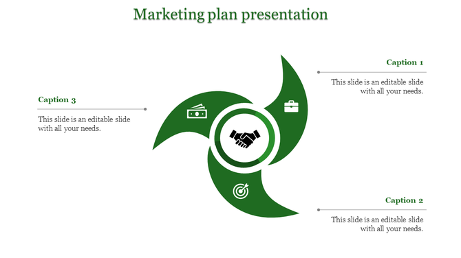 Marketing plan PowerPoint slide with green swirl design and icons representing finance, business, handshake, and goals.