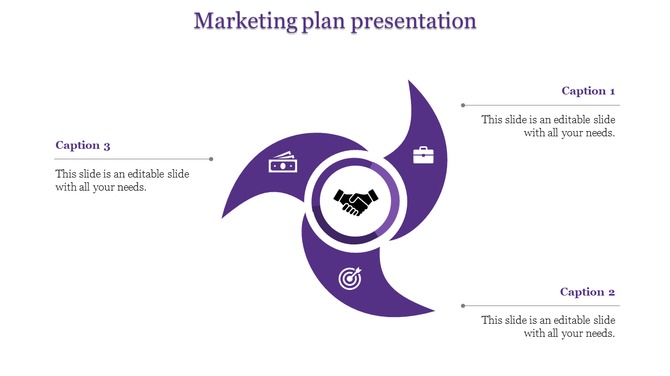 Marketing slide featuring three-petal purple design with business icons and handshake symbol in center.