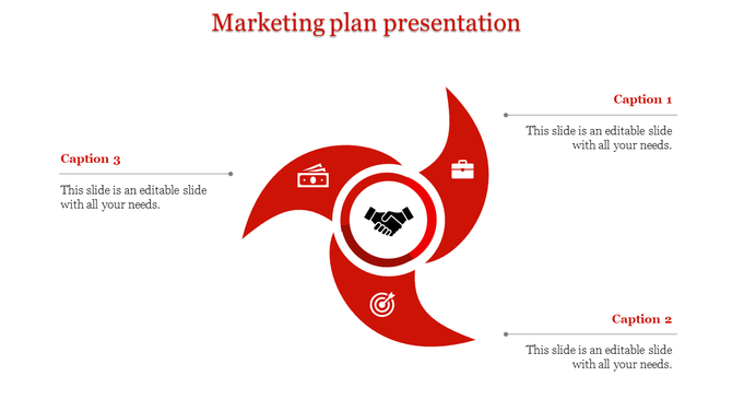 Marketing plan PowerPoint slide featuring a red swirl design with icons for finance, business, and target with captions.