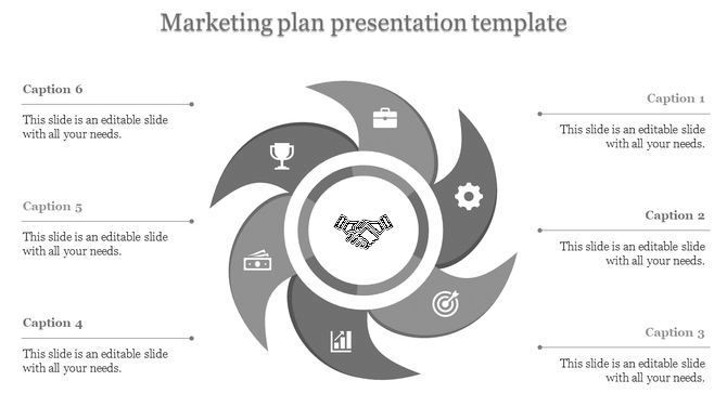 Grayscale marketing plan presentation template with a spiral design, handshake icon, and business related symbols.