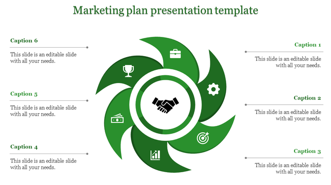 Six green curved segments radiating from a central handshake icon, each linked to captions for marketing use.