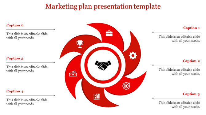 Marketing plan presentation template with red swirl design and icons for success, business, finance, and goals.