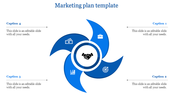 Marketing plan PowerPoint slide featuring four colored sections with icons for business, finance, strategy, and handshake.