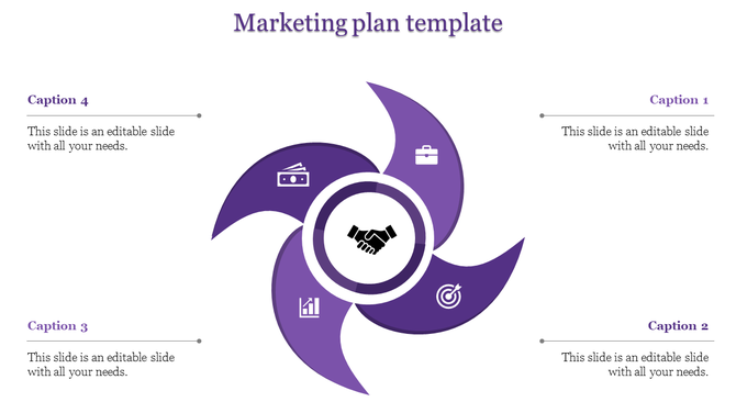 Modern purple swirl layout with four icons representing business aspects and captions symmetrically placed.