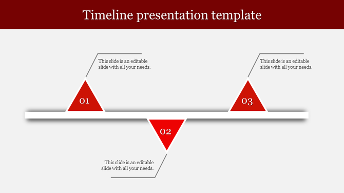 Timeline presentation template featuring red triangular milestones with placeholder text.