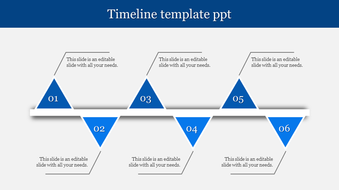 Modern timeline design with alternating six blue triangular markers and a central horizontal line for alignment.