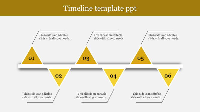 Yellow themed timeline with six triangular markers on a horizontal bar, connecting captions symmetrically with lines.