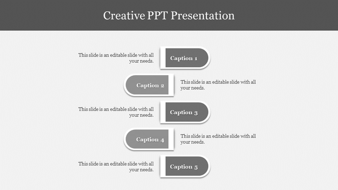 Creative grayscale template showing a clean, structured five-step process with text placeholders.