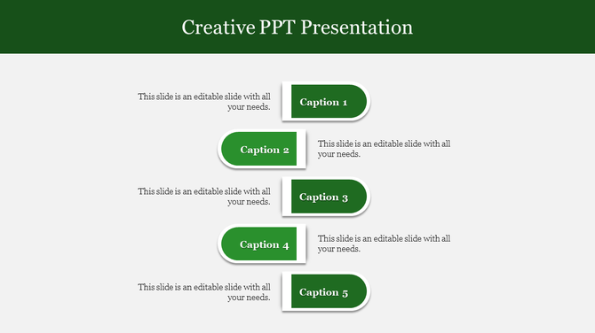 Creative slide with five green rounded rectangles labeled captions 1 to 5, arranged alternately with descriptive text.