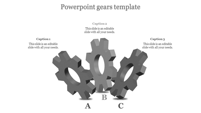 PowerPoint gears template featuring three gray gears labeled A, B, and C with captions.