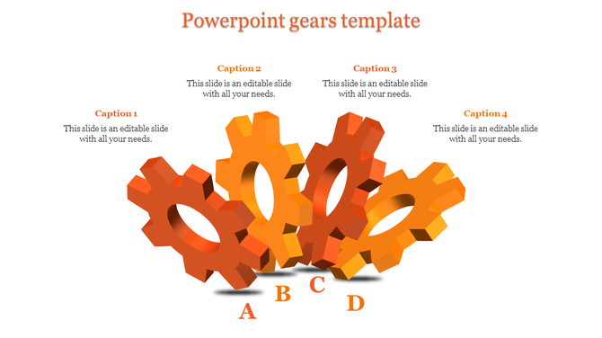 Four interlocked orange gears in 3D design, positioned in a staggered layout with captions around them.