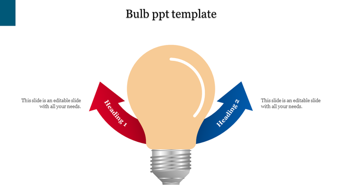 PowerPoint slide featuring a lightbulb with two colored arrows labeled Heading 1 to 2 with placeholder text.