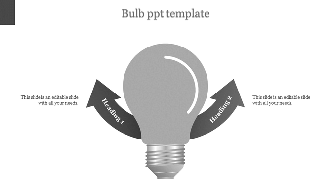 PowerPoint template with two arrows pointing to Headings 1 and 2 around a gray lightbulb with placeholder text.
