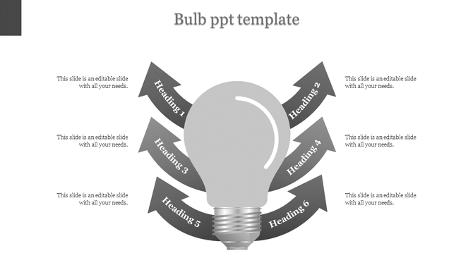 Bulb PowerPoint template with six gray arrows pointing to different headings around a lightbulb.
