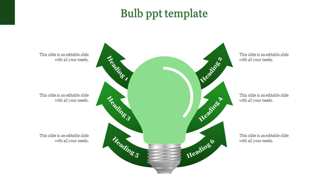 Green light bulb graphic with six arrows labeled with headings, arranged on both sides, on a white background.