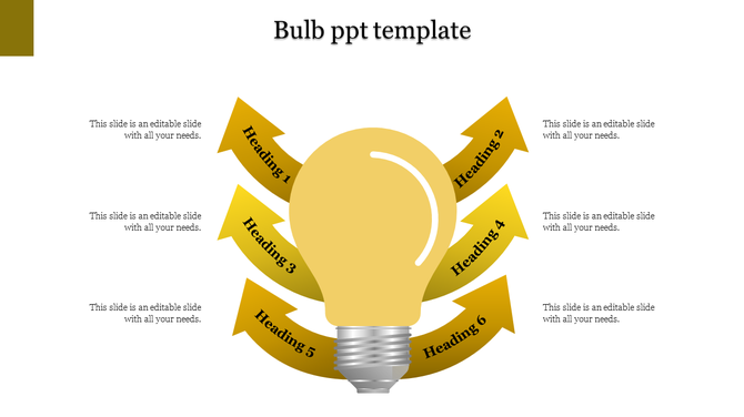 Infographic featuring a light bulb in yellow with six curved arrows labeled with headings around it.