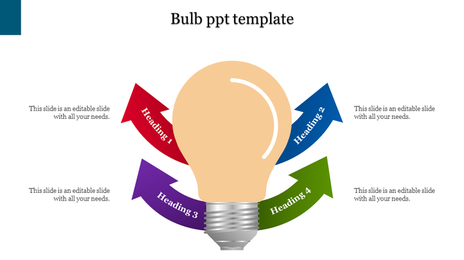 Creative idea  slide featuring a central bulb graphic with four colorful arrows representing key points.