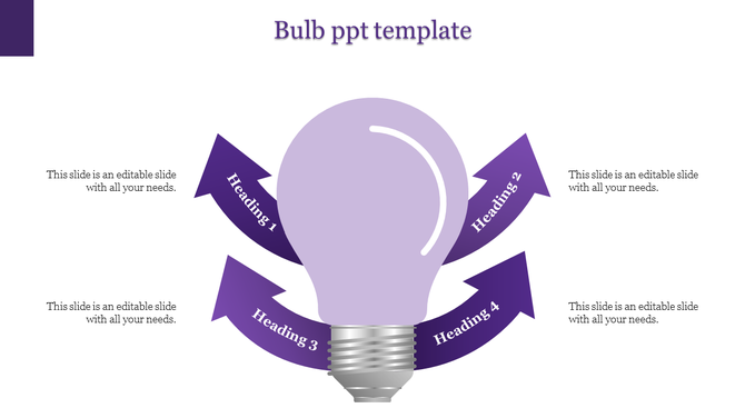 Bulb-themed infographic with four purple arrows radiating outward, each containing placeholder headings for text.