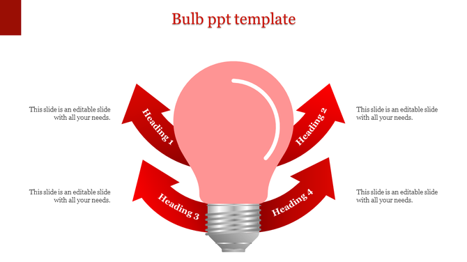 PowerPoint template with four red arrows pointing to headings 1, 2, 3, and 4 around a lightbulb.