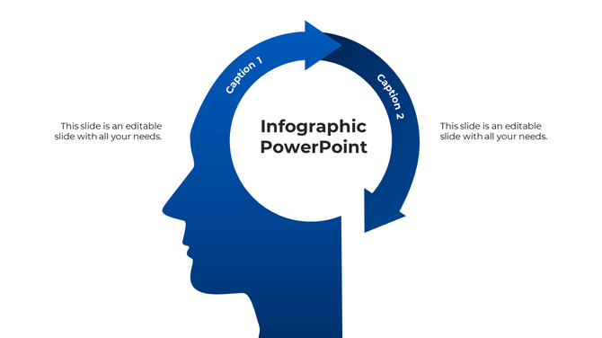 Blue profile silhouette combined with two circular arrow infographic showcasing labeled sections for content details.