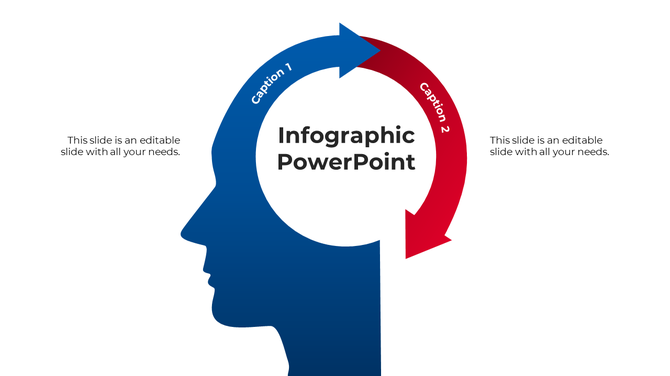 Infographic template featuring a blue head outline and a two-part circular arrow cycle in blue and red for process flow.