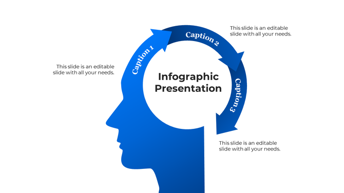 Blue head silhouette with a three-step circular arrow, representing an infographic presentation template.